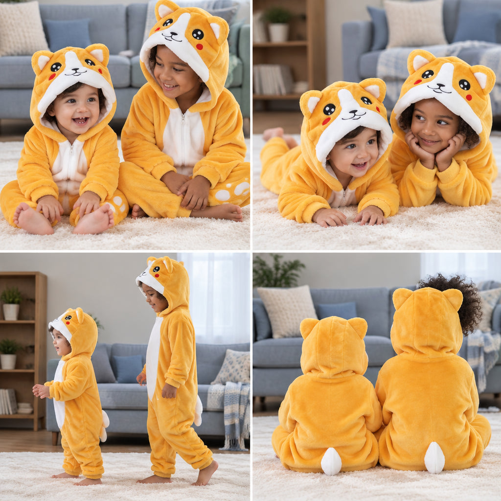 Quatre vues du Combi pyjama bébé et enfant shiba inu jaune porté