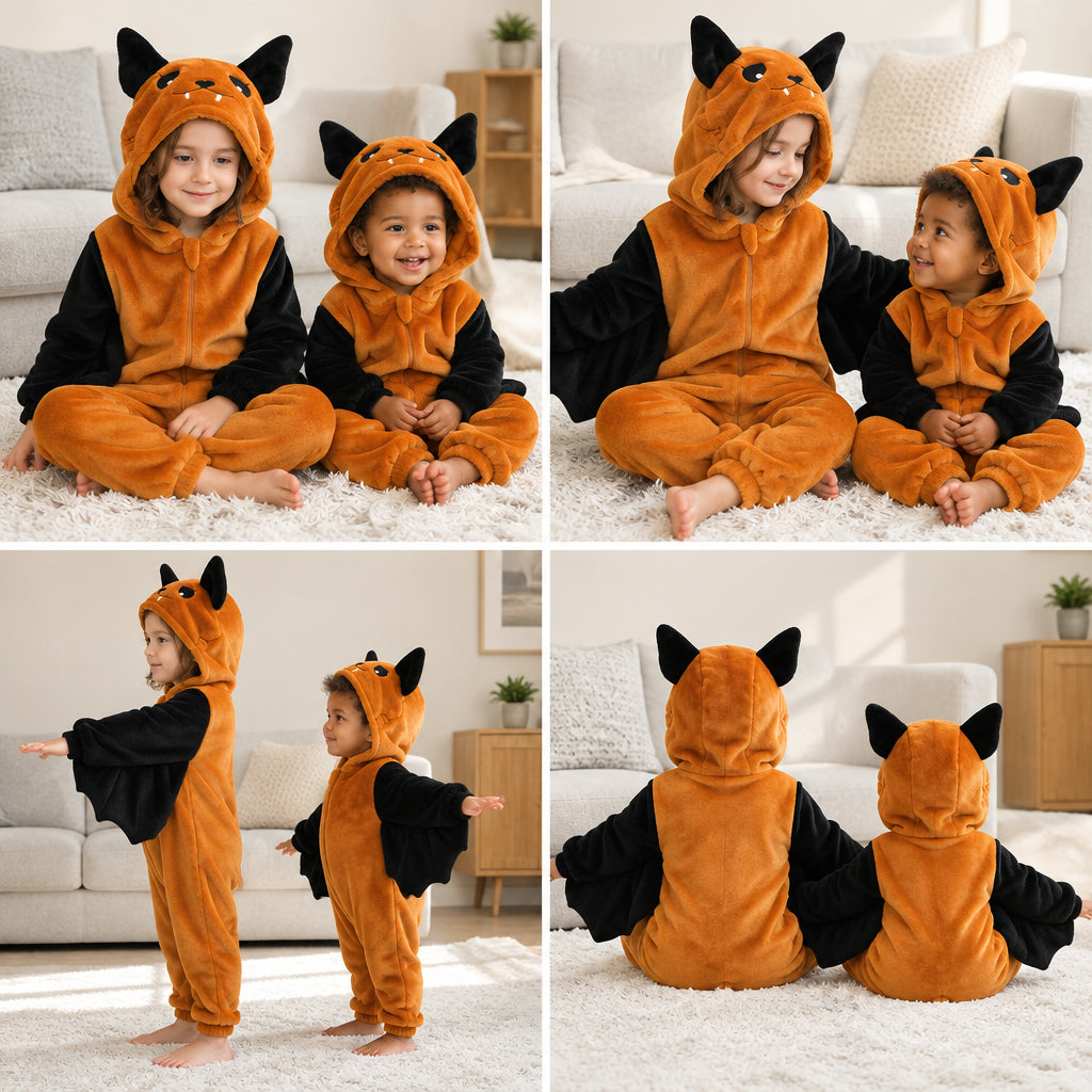Quatre vues du Combi pyjama chauve-souris enfant porté