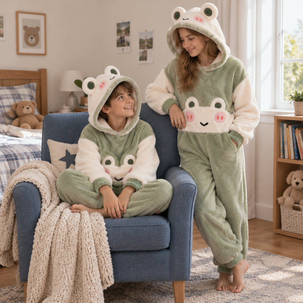 Enfants portant Ensemble pyjama grenouille douce à capuche familial