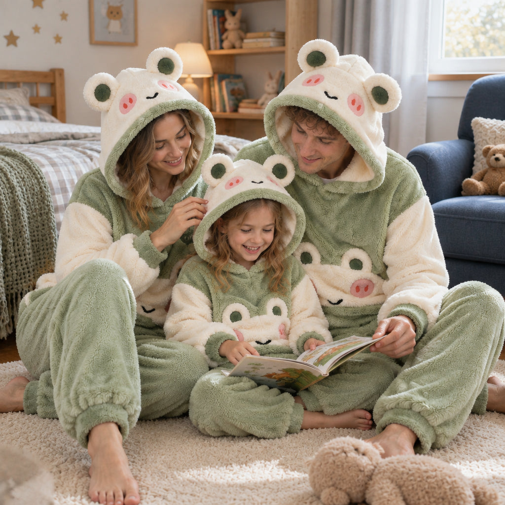 Famille portant Ensemble pyjama grenouille douce à capuche familial