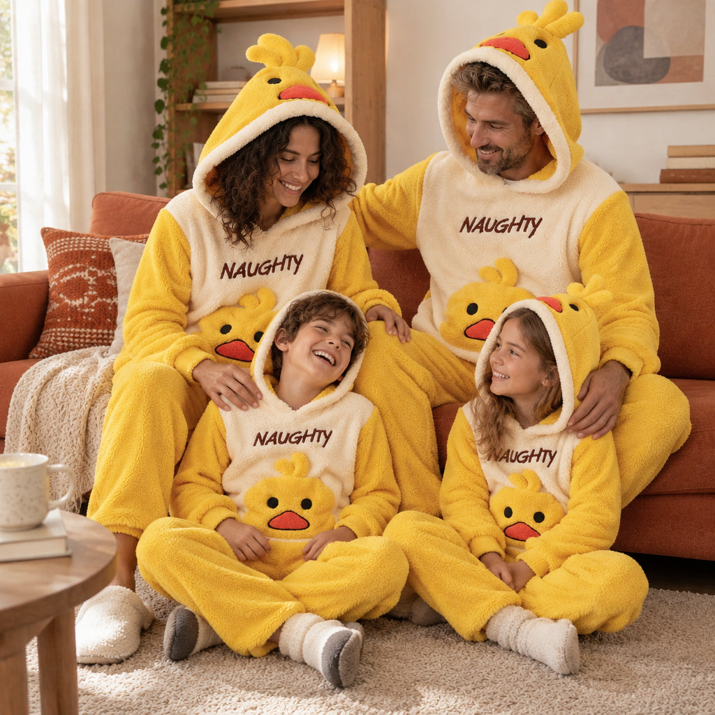 Famille portant Pyjama hiver canard jaune à capuche