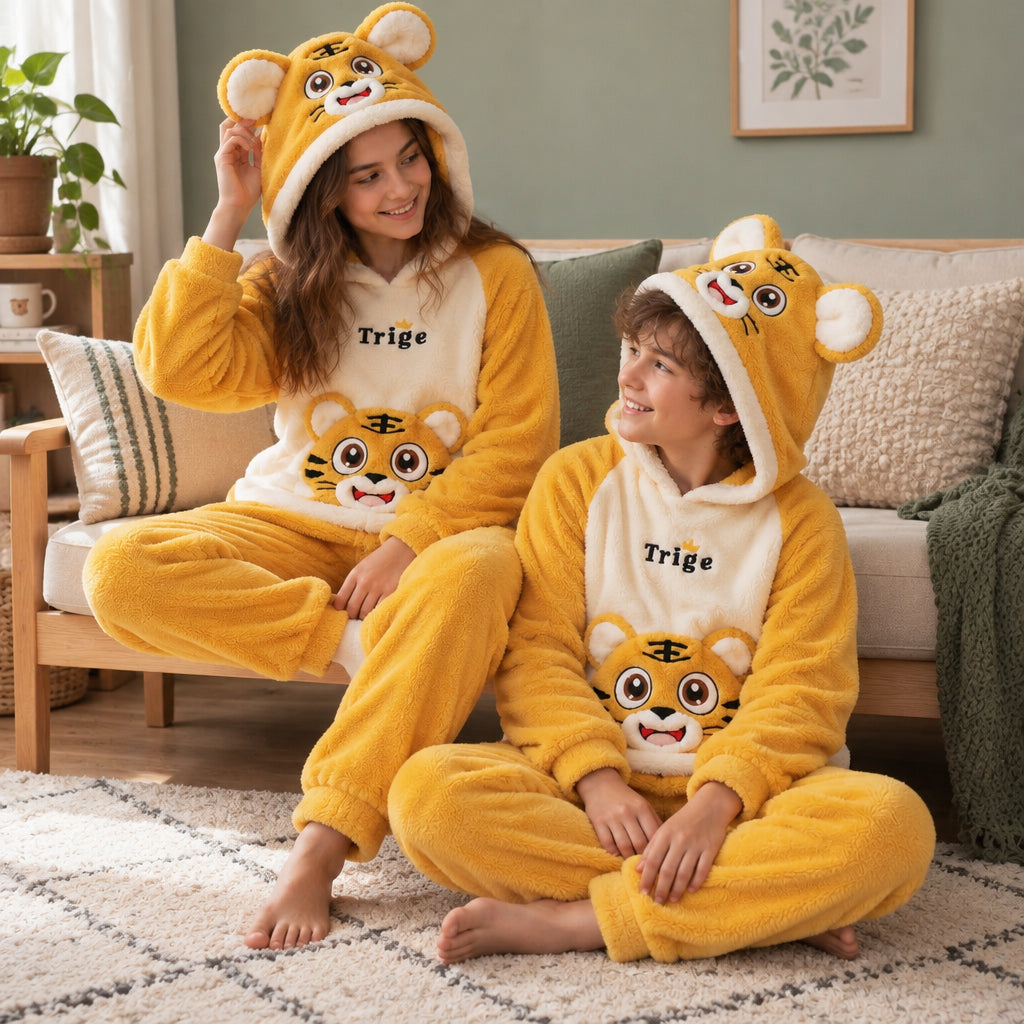 Enfants portant Pyjama pilou pilou tigre doux à capuche famille