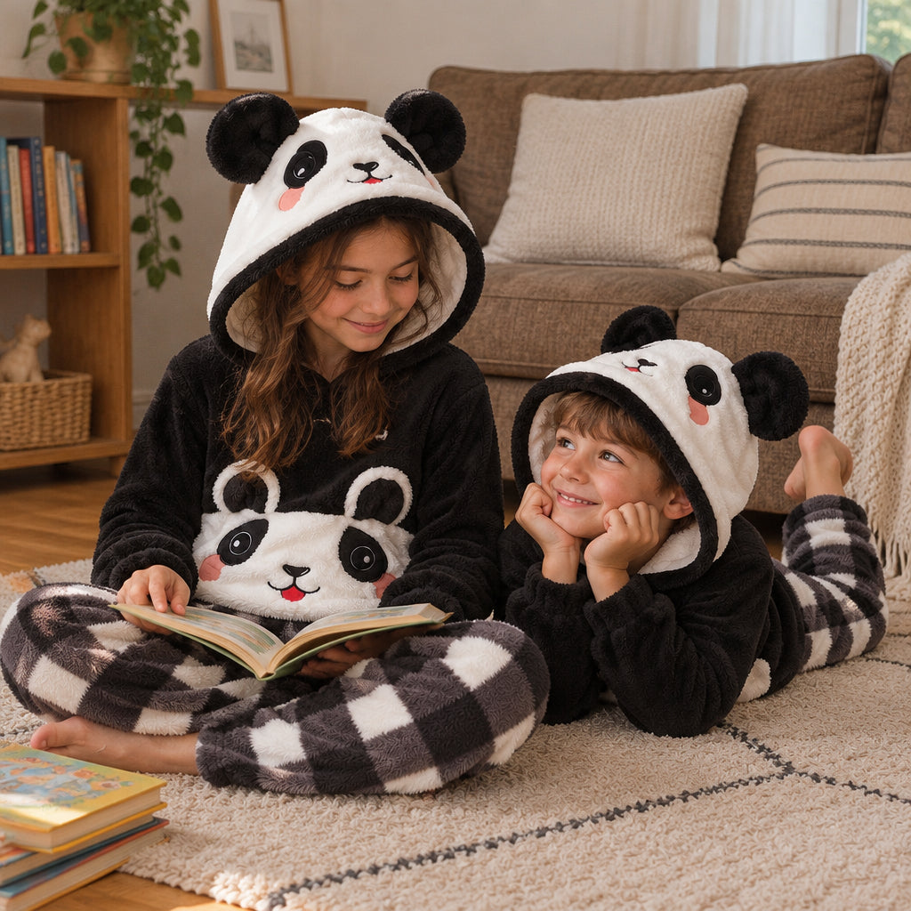 Enfants portant Pyjama chaud panda noir et blanc à capuche pour la famille
