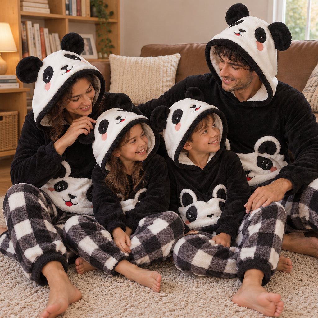Famille portant Pyjama chaud panda noir et blanc à capuche pour la famille