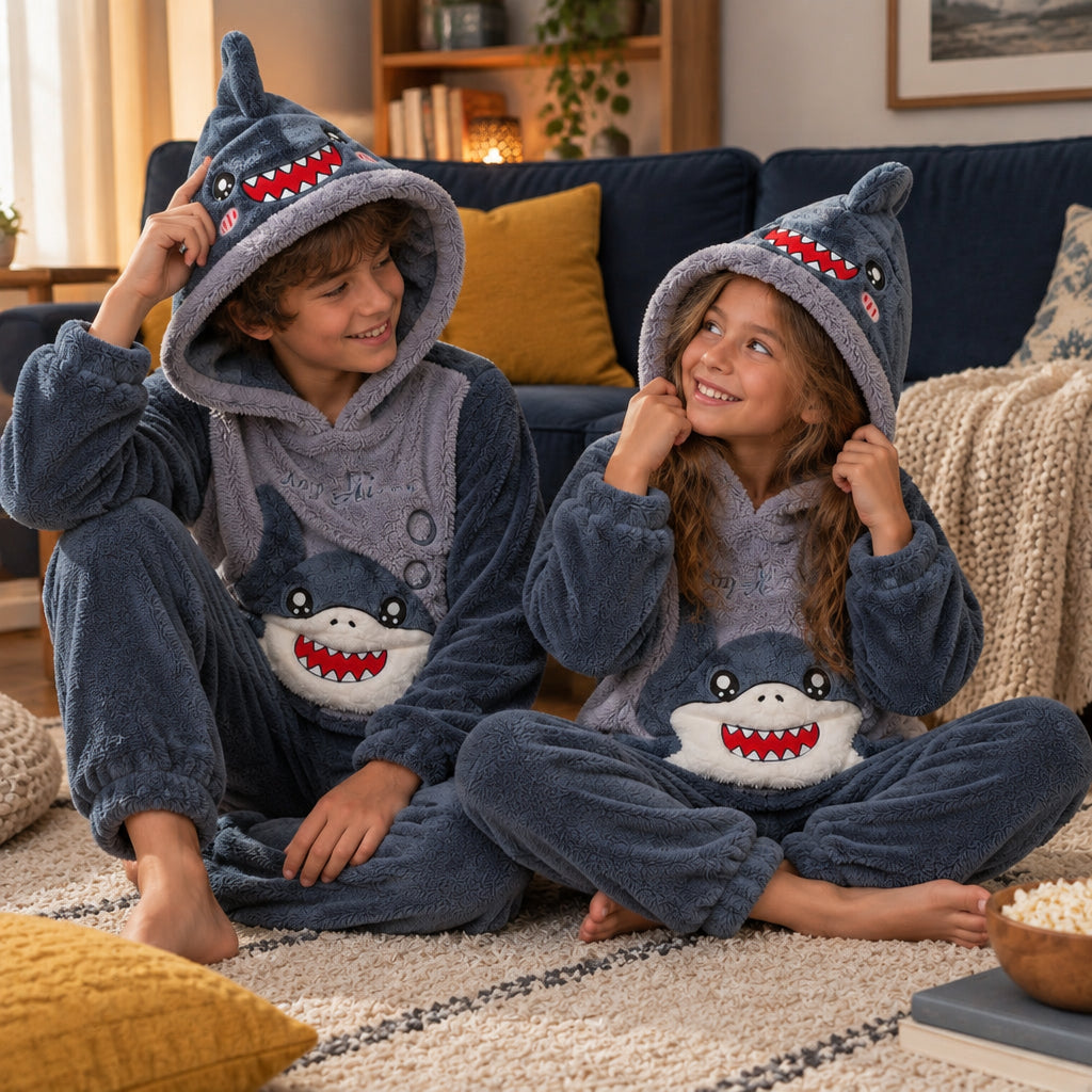 Enfants portant Pyjama moumoute requin mignon à capuche