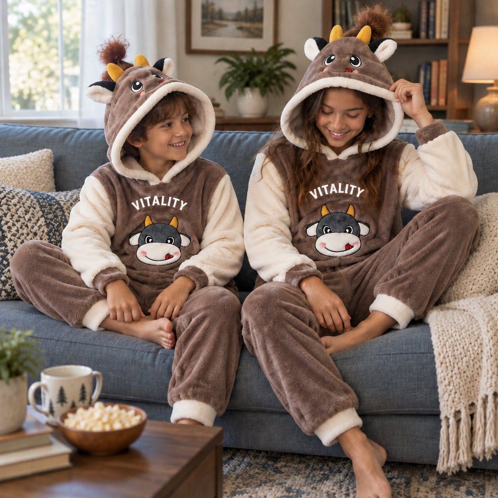Enfants portant Ensemble pyjama dinosaure vert à capuche enfant et adulte