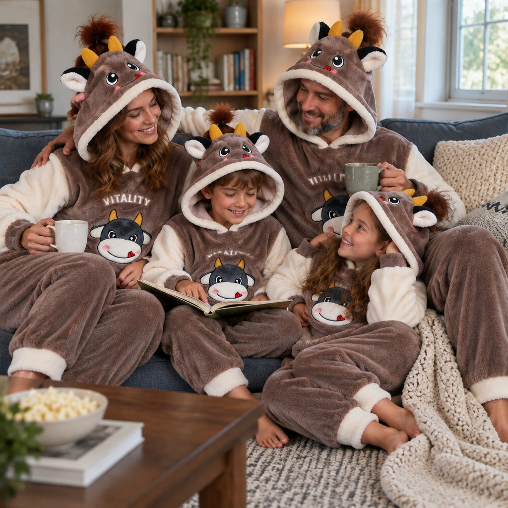 Famille portant Ensemble pyjama dinosaure vert à capuche enfant et adulte