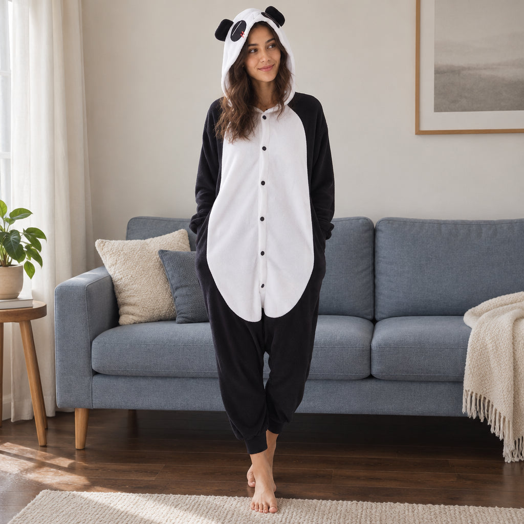 Combinaison pyjama panda adulte noir et blanc porté de face dans un intérieur chaleureux