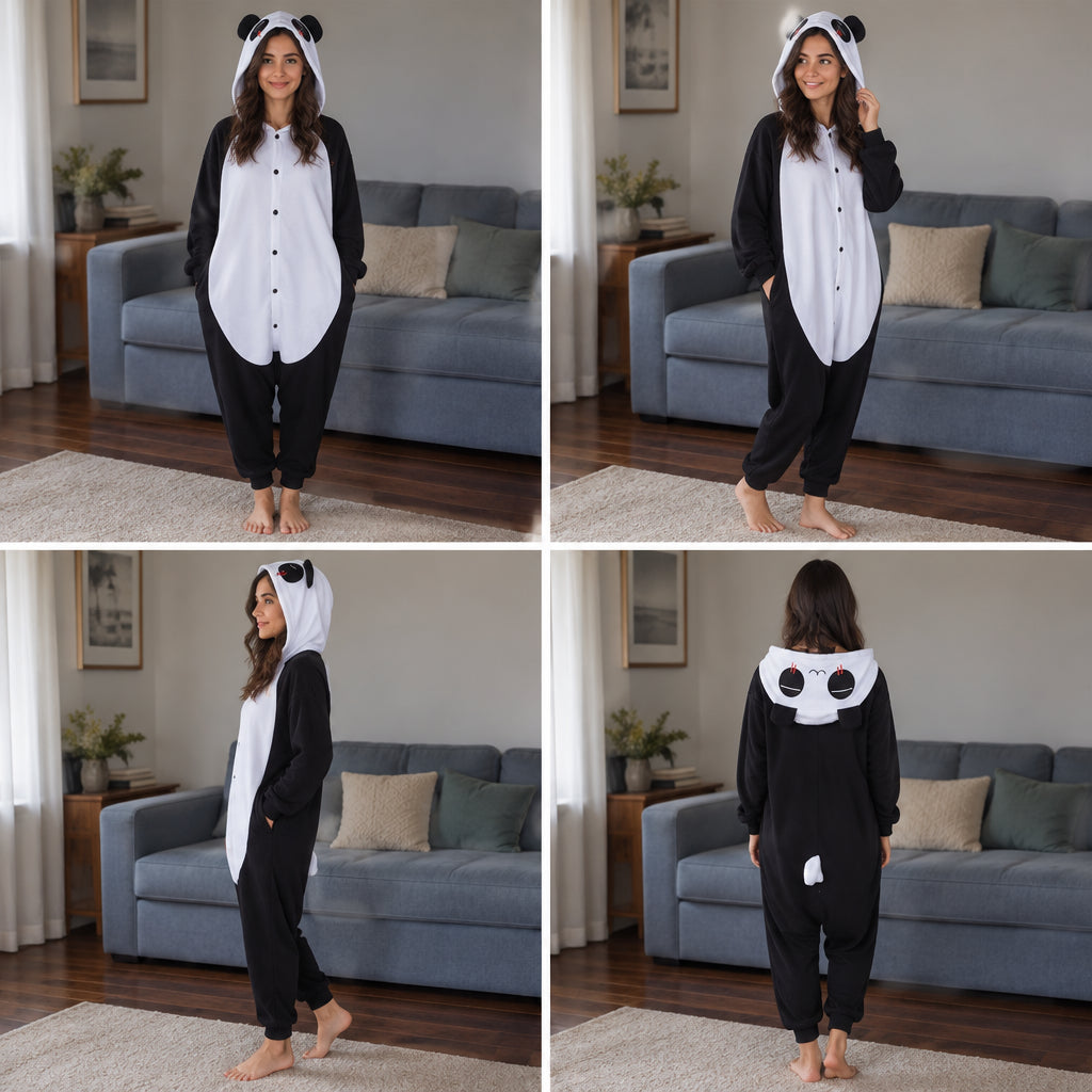 Quatre vues du Combinaison pyjama panda adulte noir et blanc porté