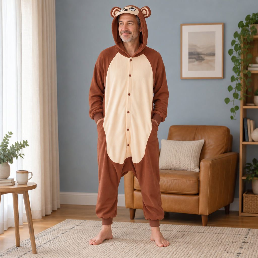 Kigurumi singe marron adulte porté de face dans un intérieur chaleureux