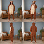 Quatre vues du Kigurumi singe marron adulte porté