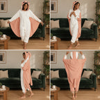 Quatre vues du Pyjama costume écureuil volant rose adulte porté