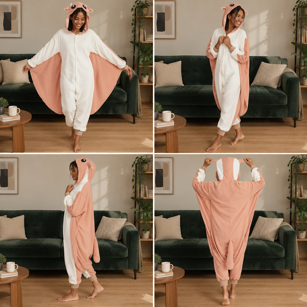 Quatre vues du Pyjama costume écureuil volant rose adulte porté