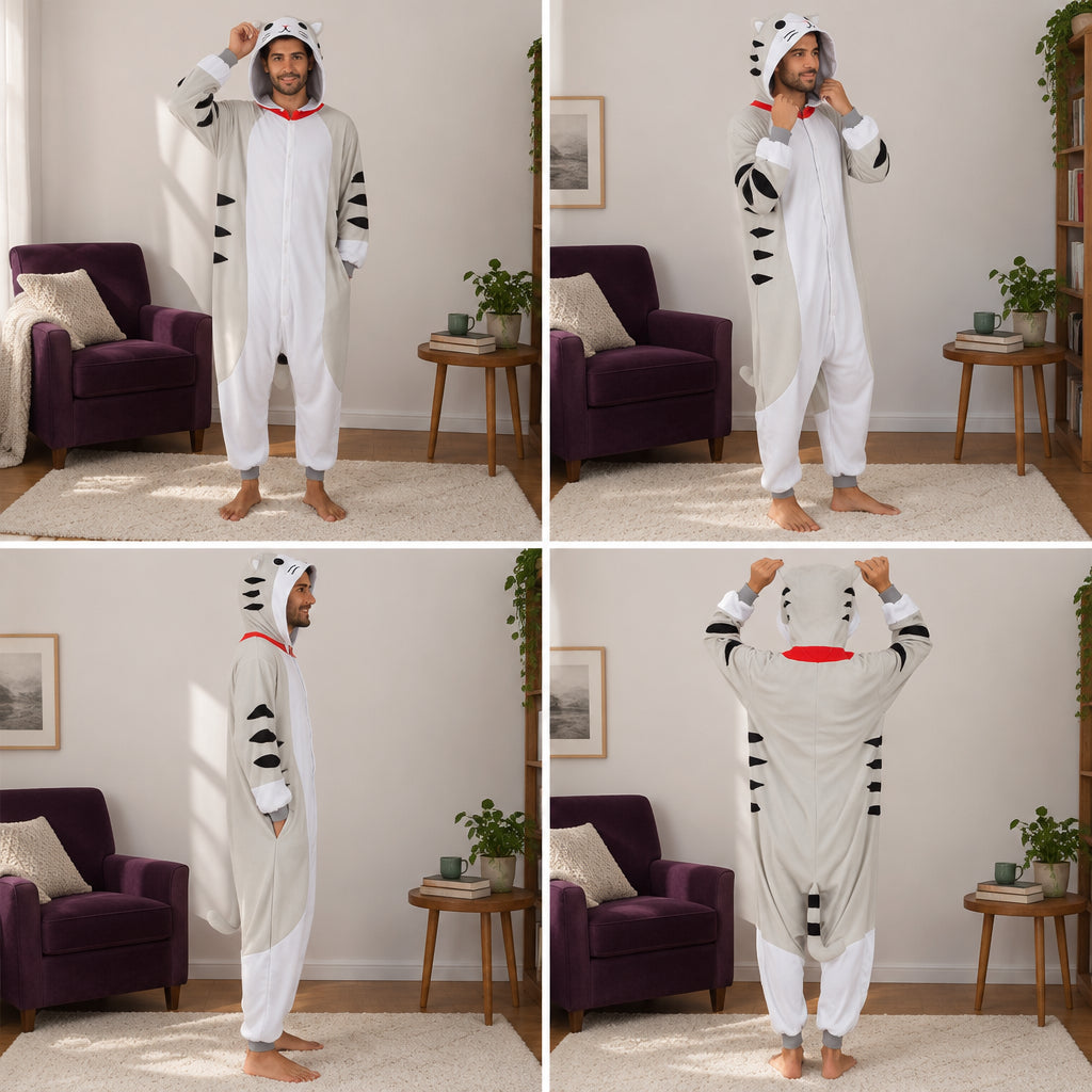 Quatre vues du Pyjama costume tigre gris adulte porté