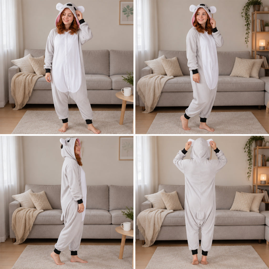 Quatre vues du Kigurumi koala gris adulte porté