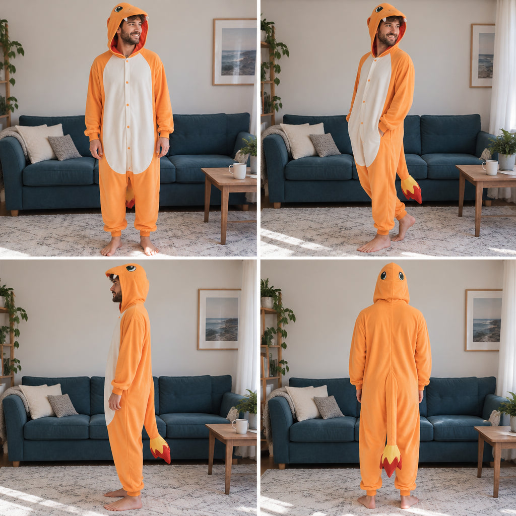 Quatre vues du Pyjama une pièce dragon orange adulte porté