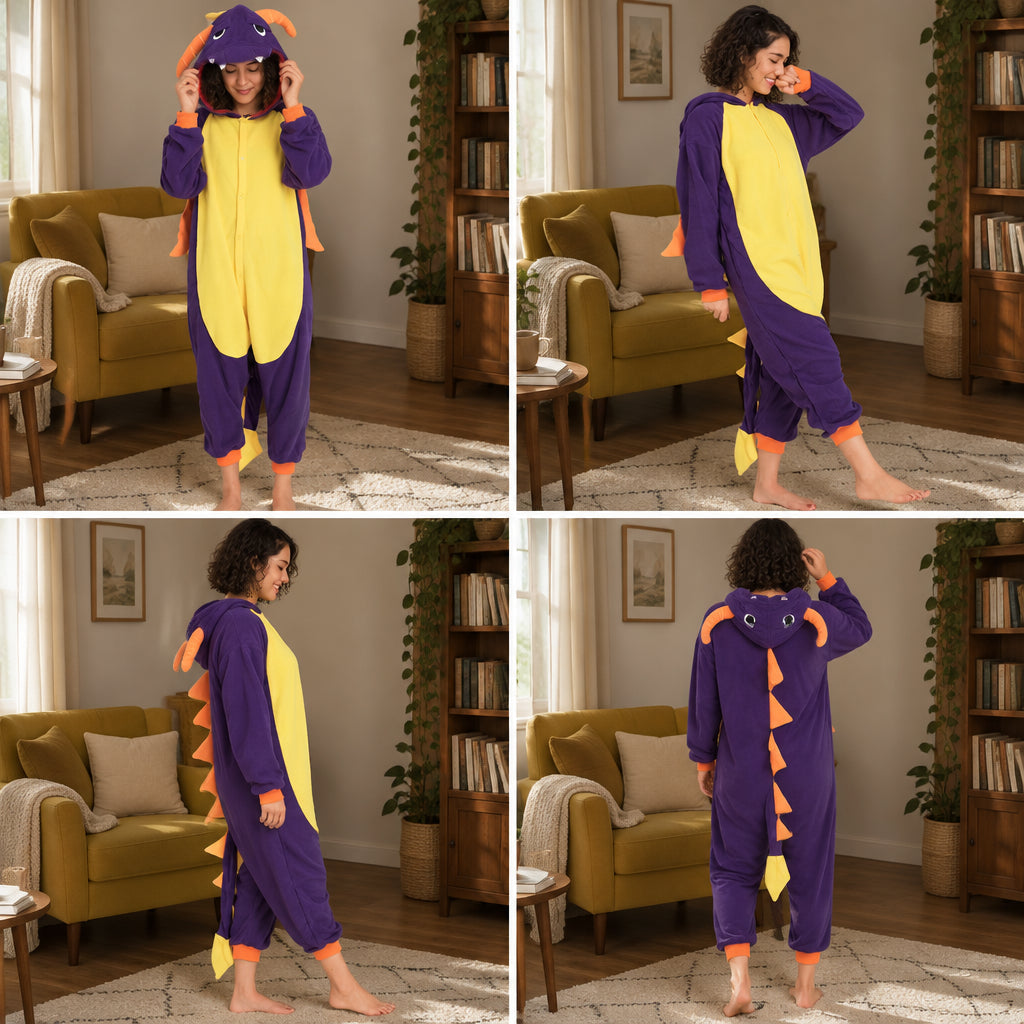 Quatre vues du Kigurumi dragon violet adulte porté