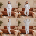 Quatre vues du Pyjama costume animal gris à ventre blanc adulte porté