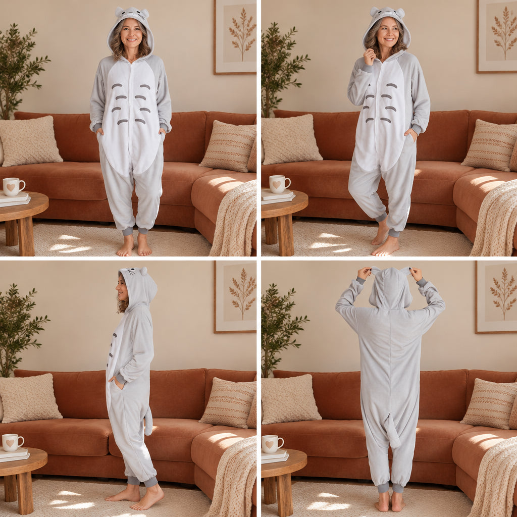 Quatre vues du Pyjama costume animal gris à ventre blanc adulte porté