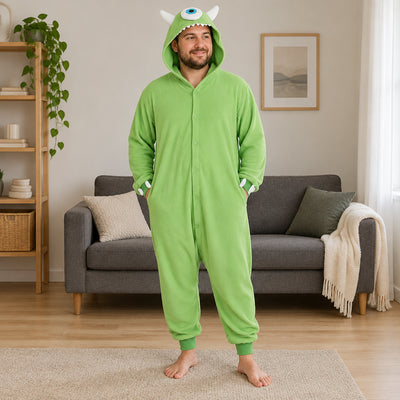 Combinaison pyjama monstre vert à un œil adulte porté de face dans un intérieur chaleureux
