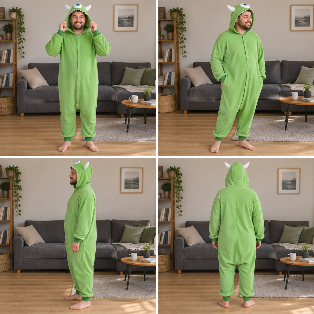 Quatre vues du Combinaison pyjama monstre vert à un œil adulte porté