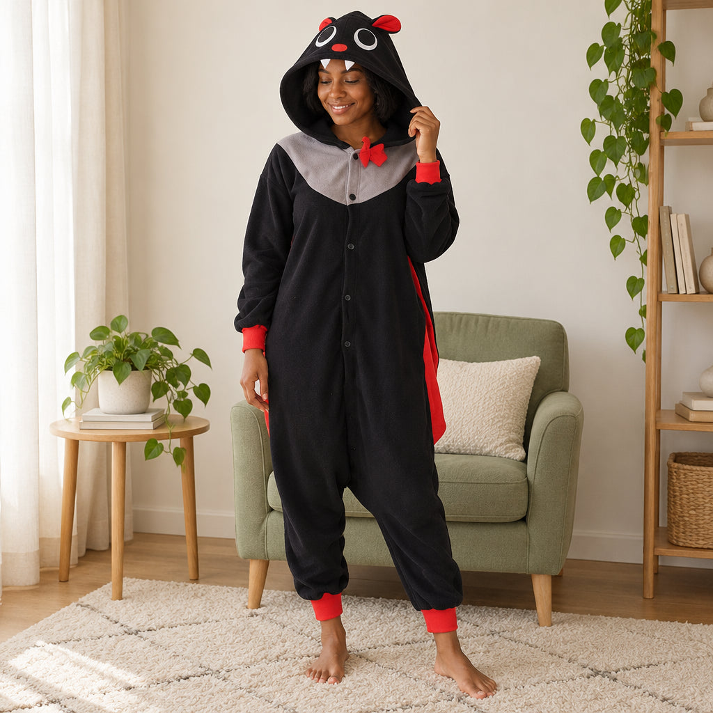 Kigurumi chauve-souris noire adulte porté de face dans un intérieur chaleureux