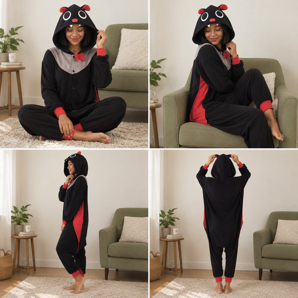 Quatre vues du Kigurumi chauve-souris noire adulte porté