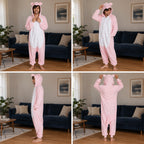 Quatre vues du Pyjama costume cochon rose adulte porté