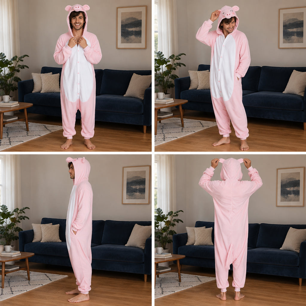 Quatre vues du Pyjama costume cochon rose adulte porté