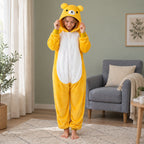 Combinaison pyjama ours jaune adulte porté de face dans un intérieur chaleureux