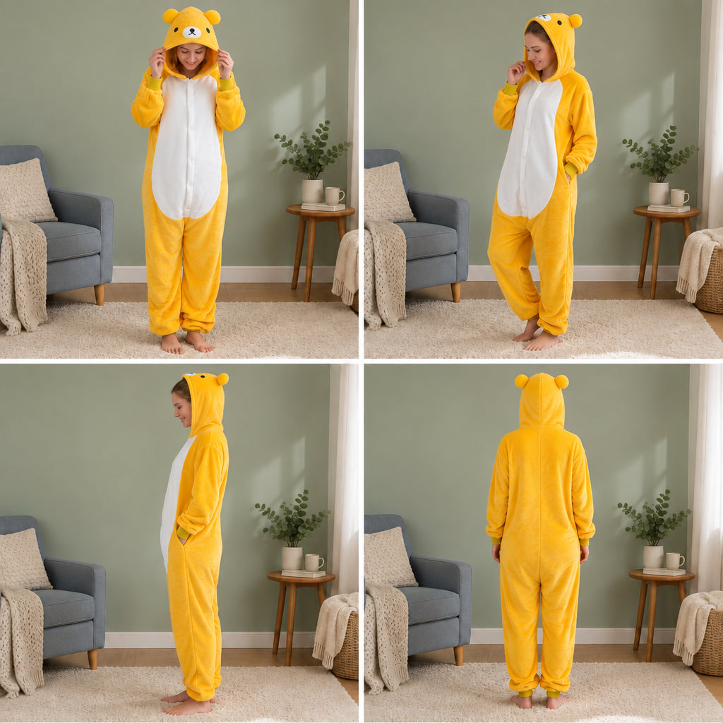 Quatre vues du Combinaison pyjama ours jaune adulte porté
