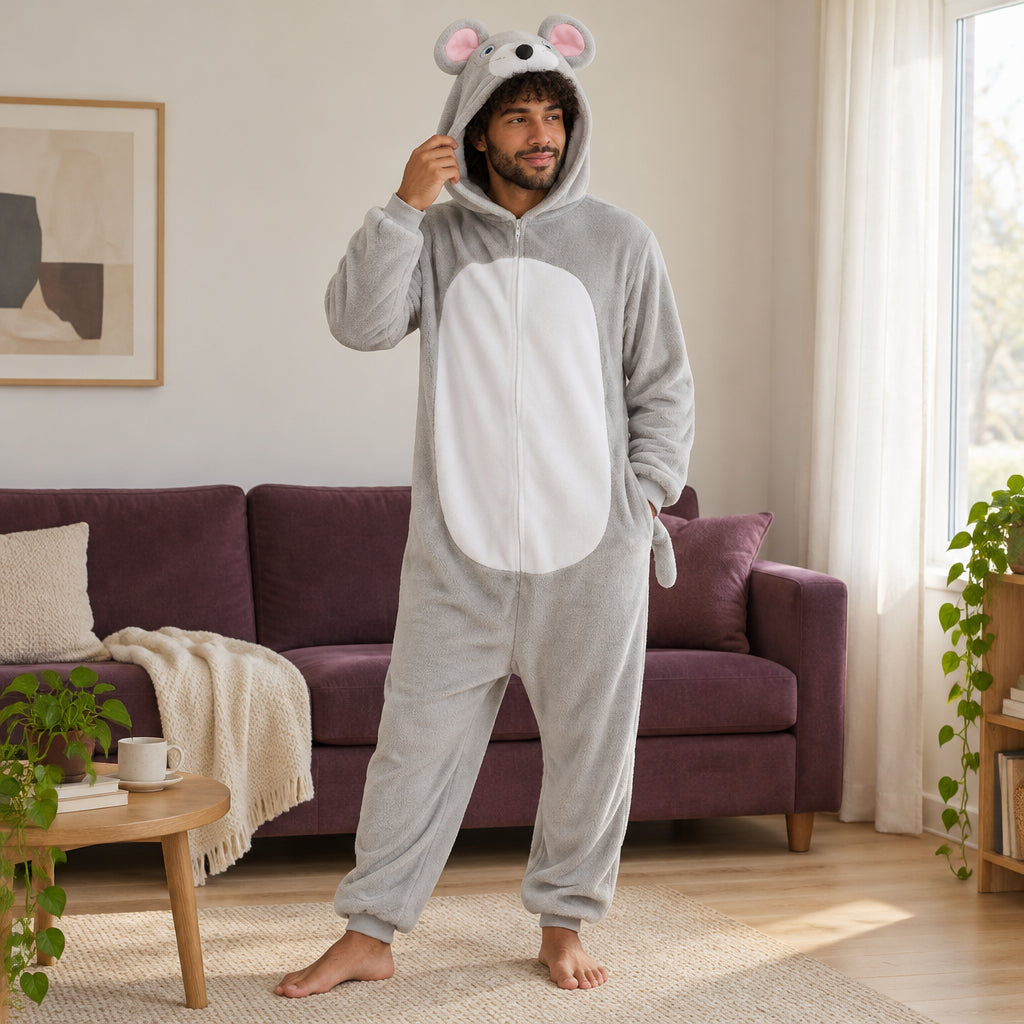 Kigurumi souris grise adulte porté de face dans un intérieur chaleureux