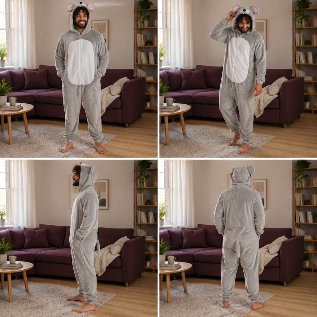 Quatre vues du Kigurumi souris grise adulte porté