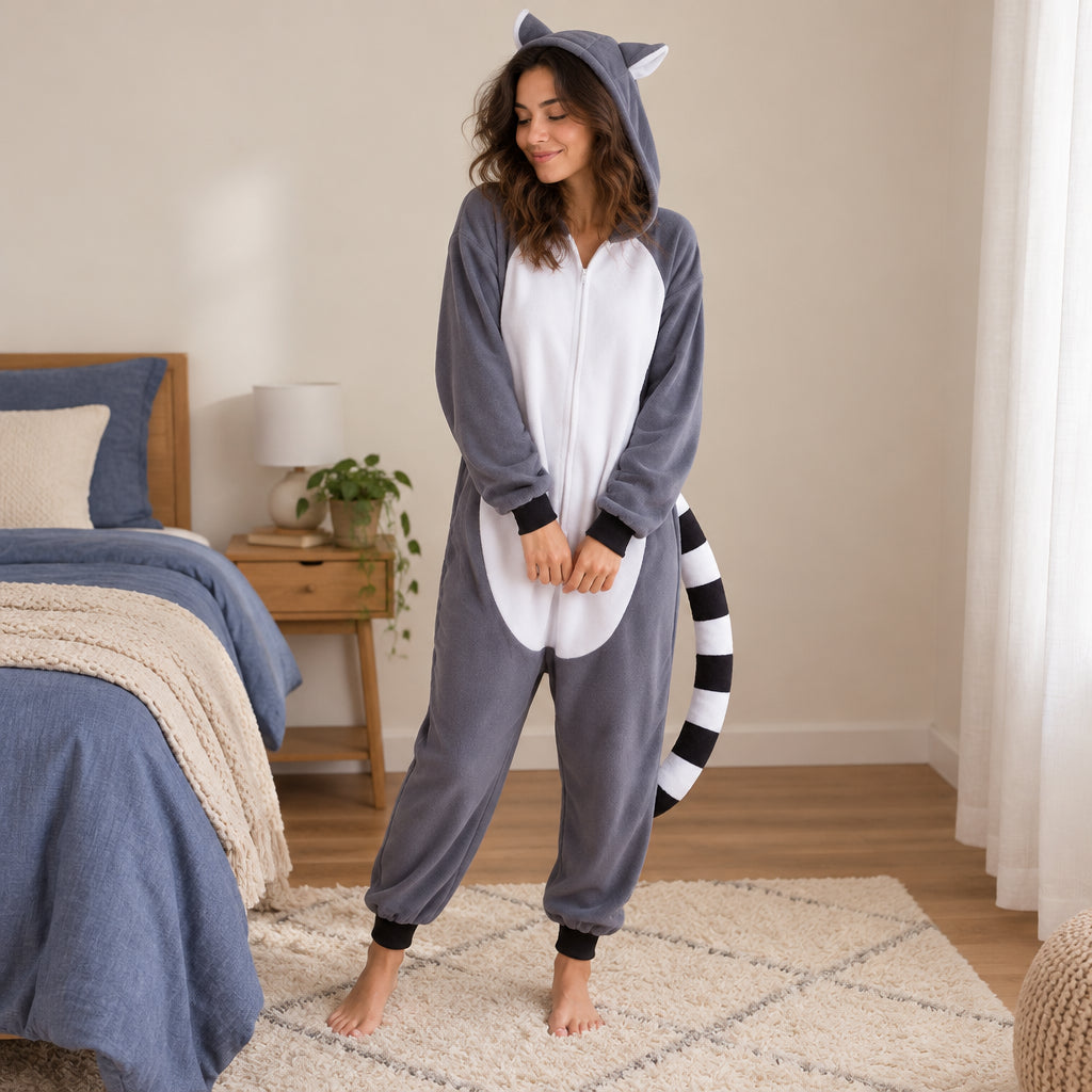 Pyjama une pièce raton laveur adulte porté de face dans un intérieur chaleureux