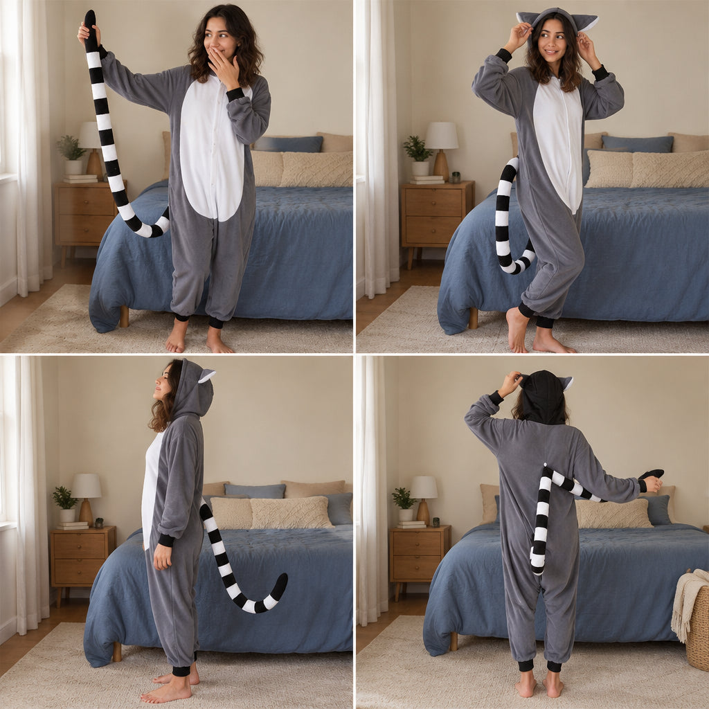 Quatre vues du Pyjama une pièce raton laveur adulte porté