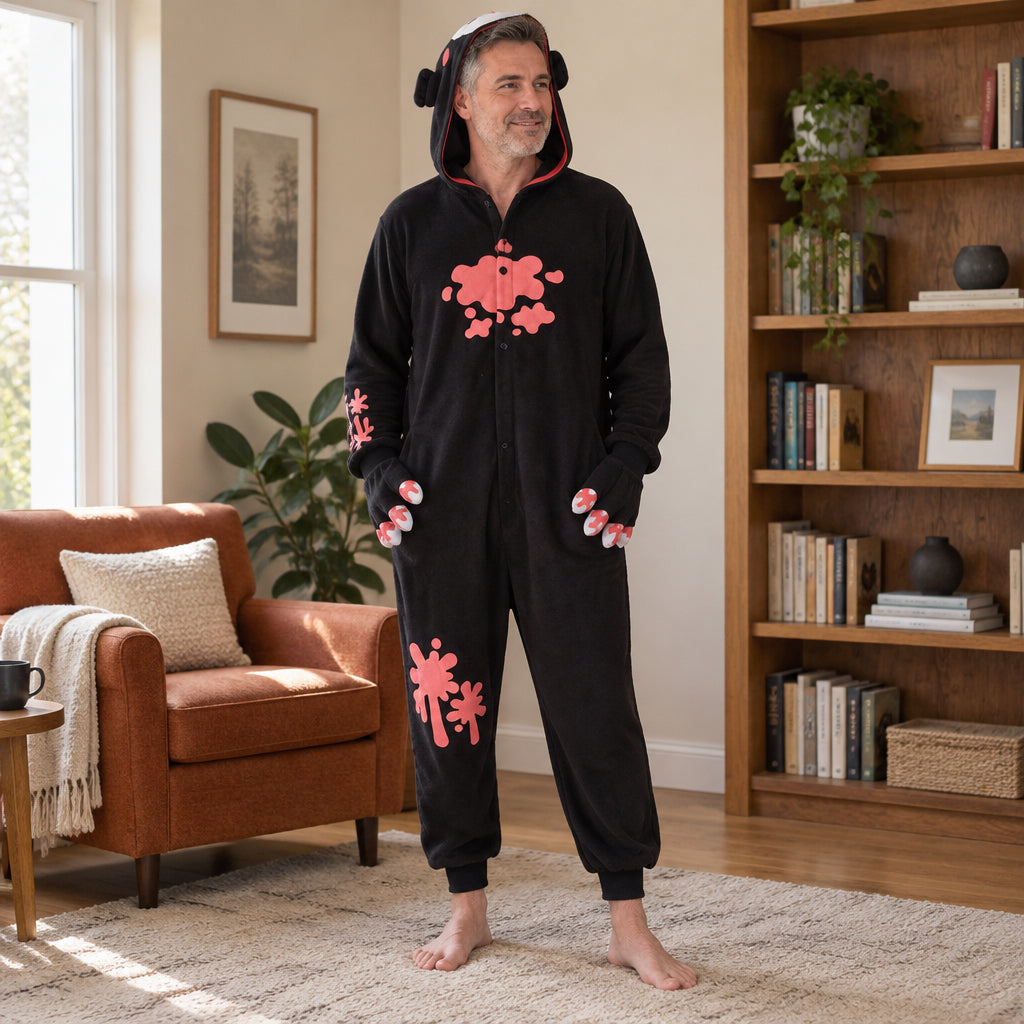 Pyjama costume chat noir aux pattes roses adulte porté de face dans un intérieur chaleureux