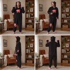 Quatre vues du Pyjama costume chat noir aux pattes roses adulte porté