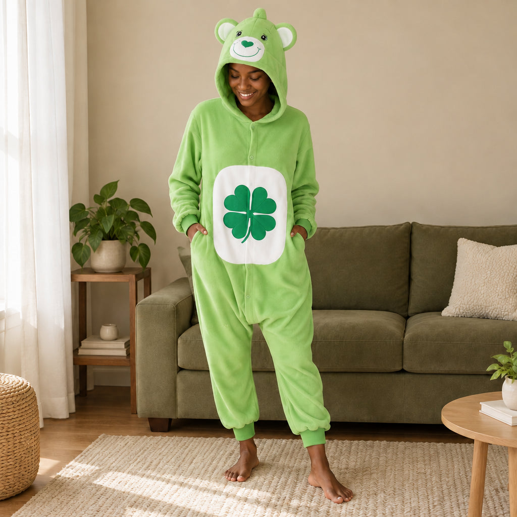 Pyjama costume ours vert au trèfle adulte porté de face dans un intérieur chaleureux