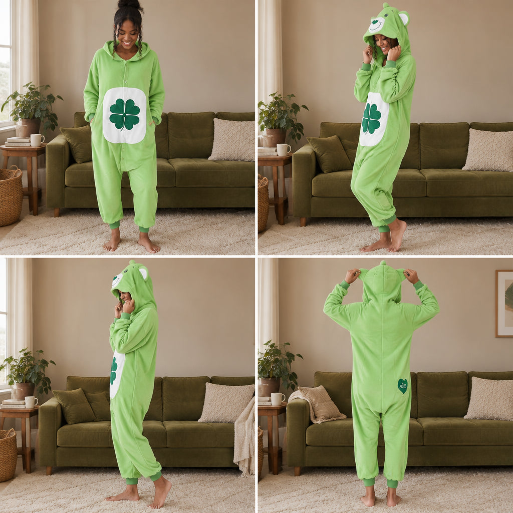 Quatre vues du Pyjama costume ours vert au trèfle adulte porté