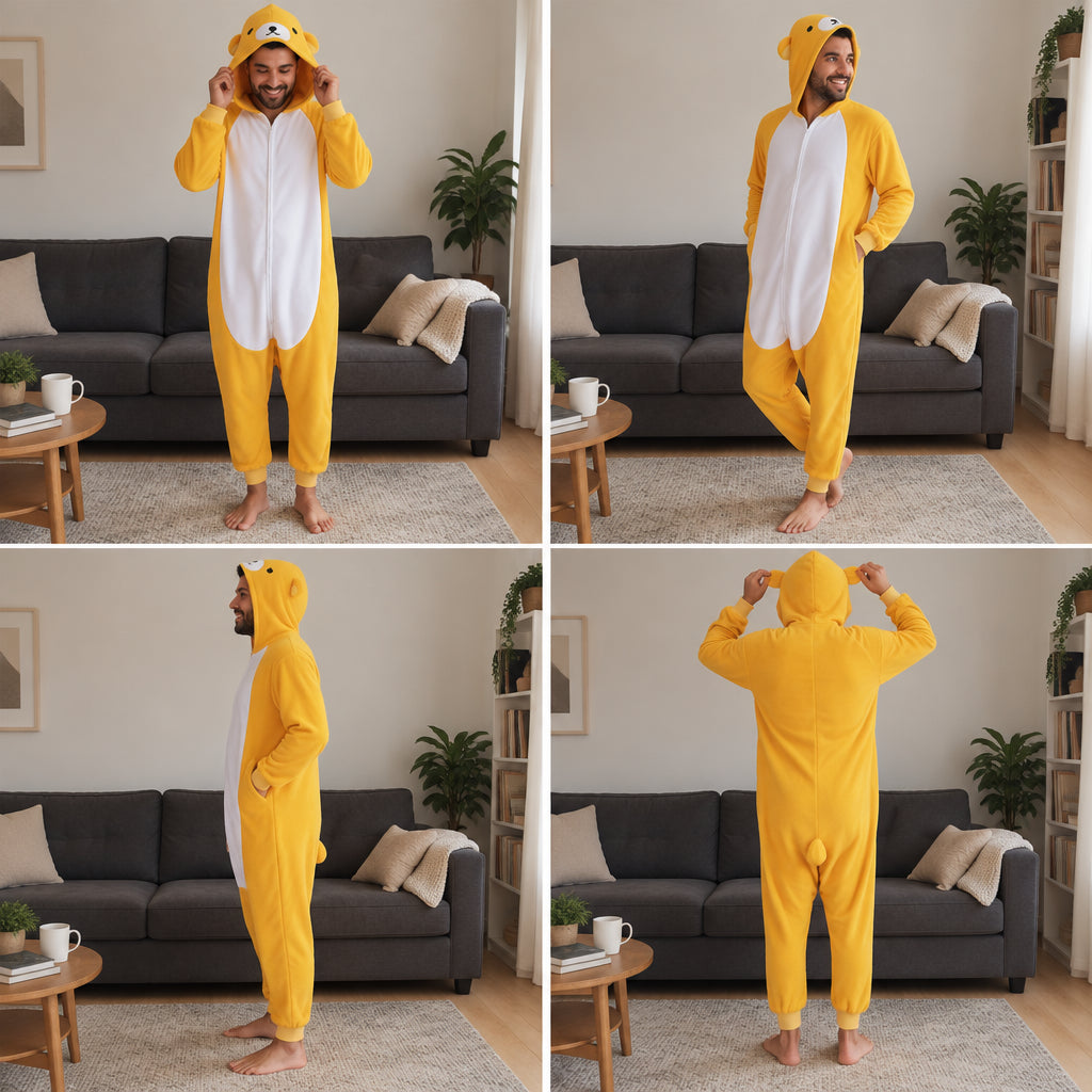 Quatre vues du Combinaison pyjama chien jaune adulte porté