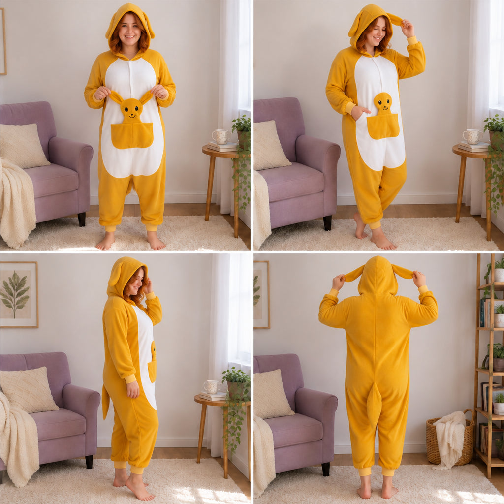 Quatre vues du Kigurumi kangourou jaune adulte porté