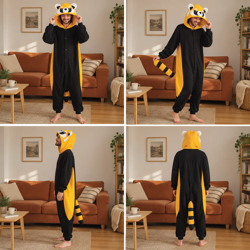 Quatre vues du Pyjama costume panda roux adulte noir et orange porté