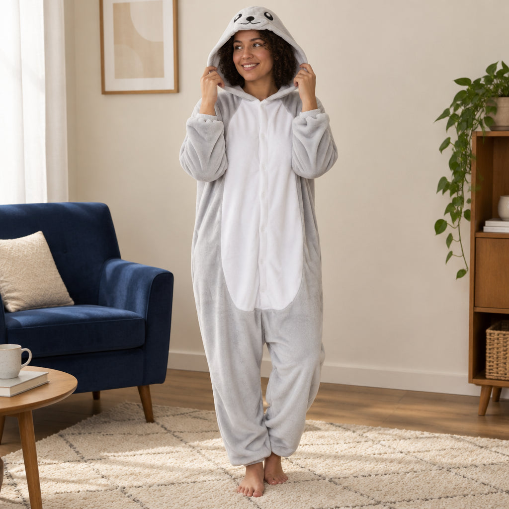 Combinaison pyjama phoque gris adulte porté de face dans un intérieur chaleureux