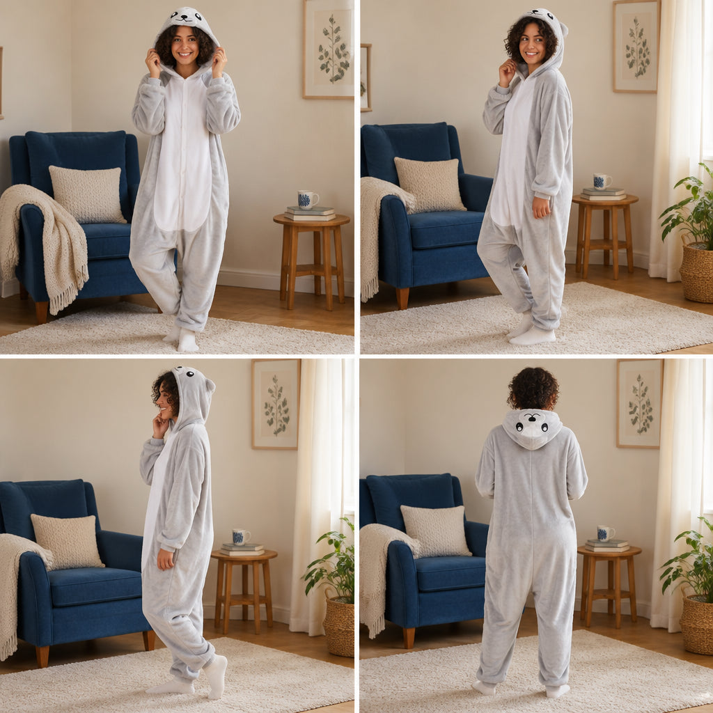 Quatre vues du Combinaison pyjama phoque gris adulte porté