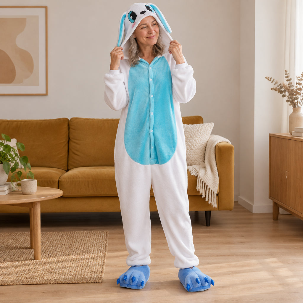 Kigurumi lapin bleu et clair adulte porté de face dans un intérieur chaleureux