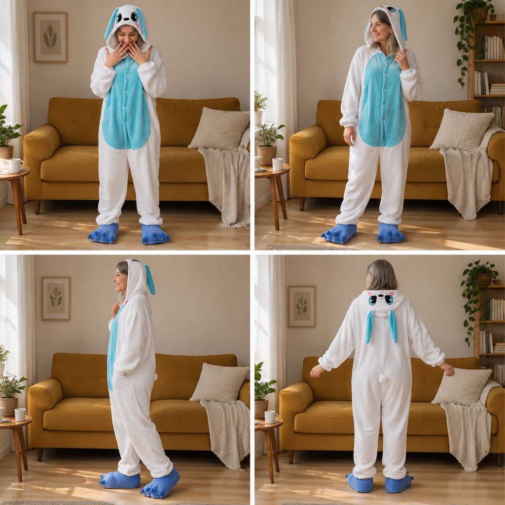 Quatre vues du Kigurumi lapin bleu et clair adulte porté