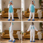 Quatre vues du Kigurumi lapin bleu et clair adulte porté