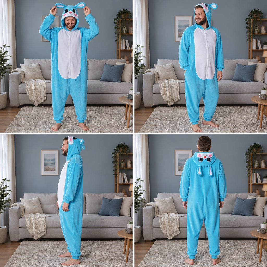 Quatre vues du Kigurumi lapin bleu adulte en polaire porté
