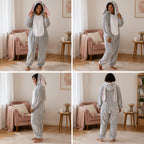 Quatre vues du Combinaison pyjama lapin gris adulte porté