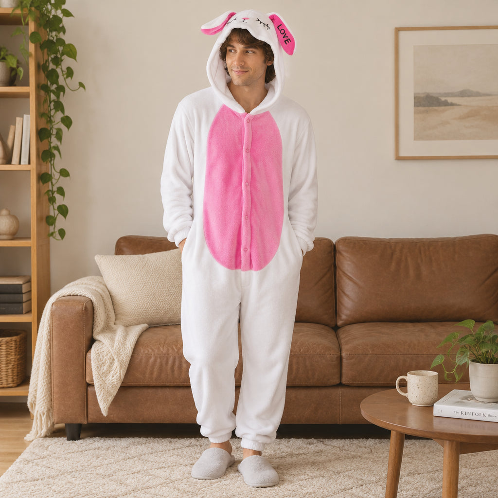 Pyjama une pièce lapin à cœurs adulte porté de face dans un intérieur chaleureux